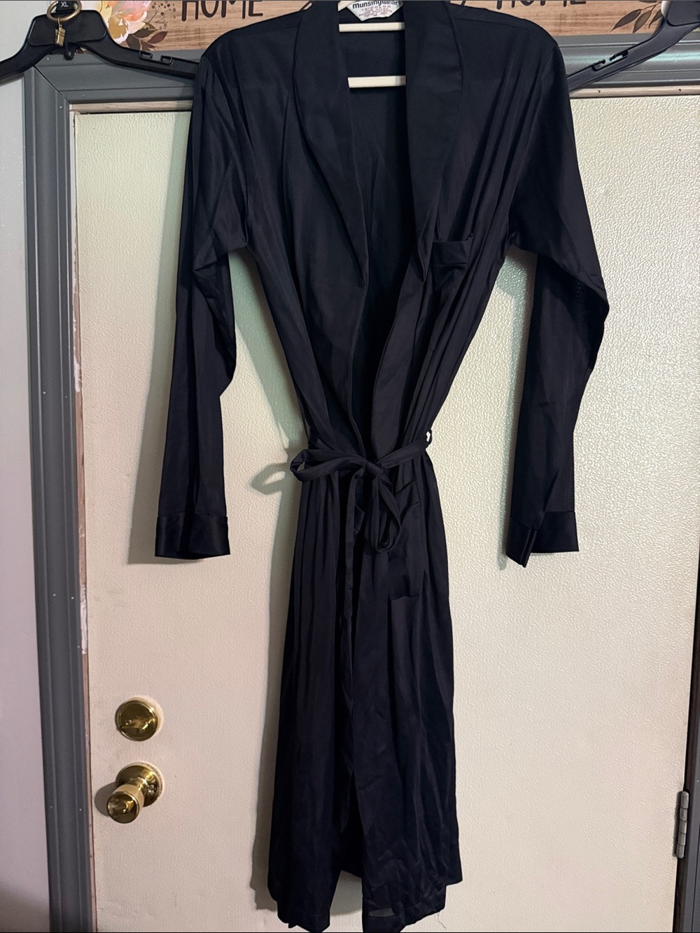 Vintage Satin Black Long Robe with Self Tie -